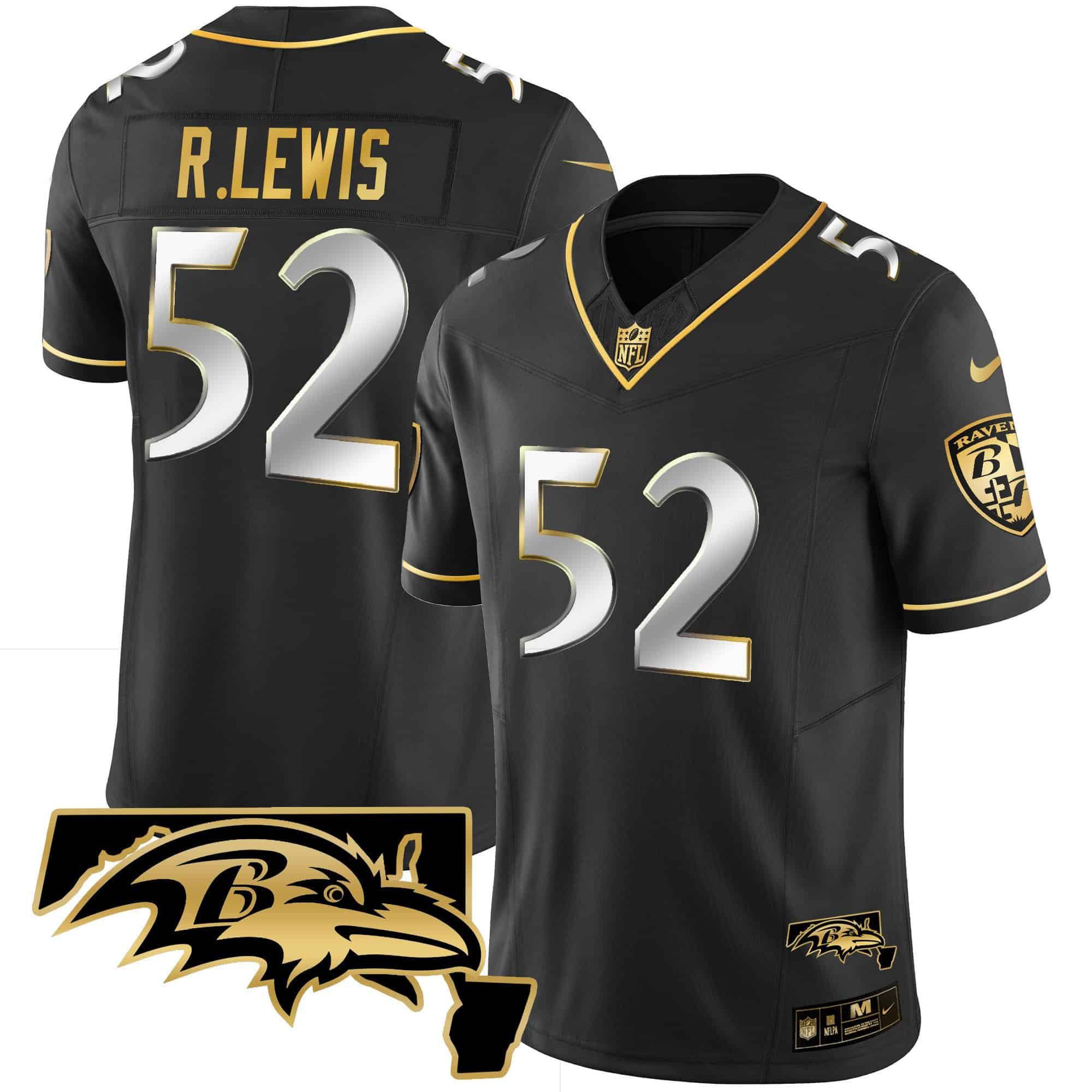 Men Baltimore Ravens #52 R.Lewis Black Gold 2024 Nike Maryland Patch Vapor Limited NFL Jersey style 1->nfl t-shirts->Sports Accessory